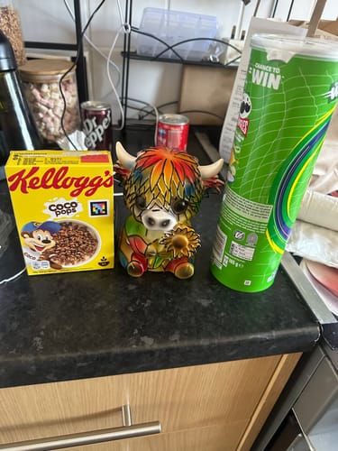 Customer's Highland Cow LED Night Light on a kitchen counter next to a cereal box and snack can to show its scale.
