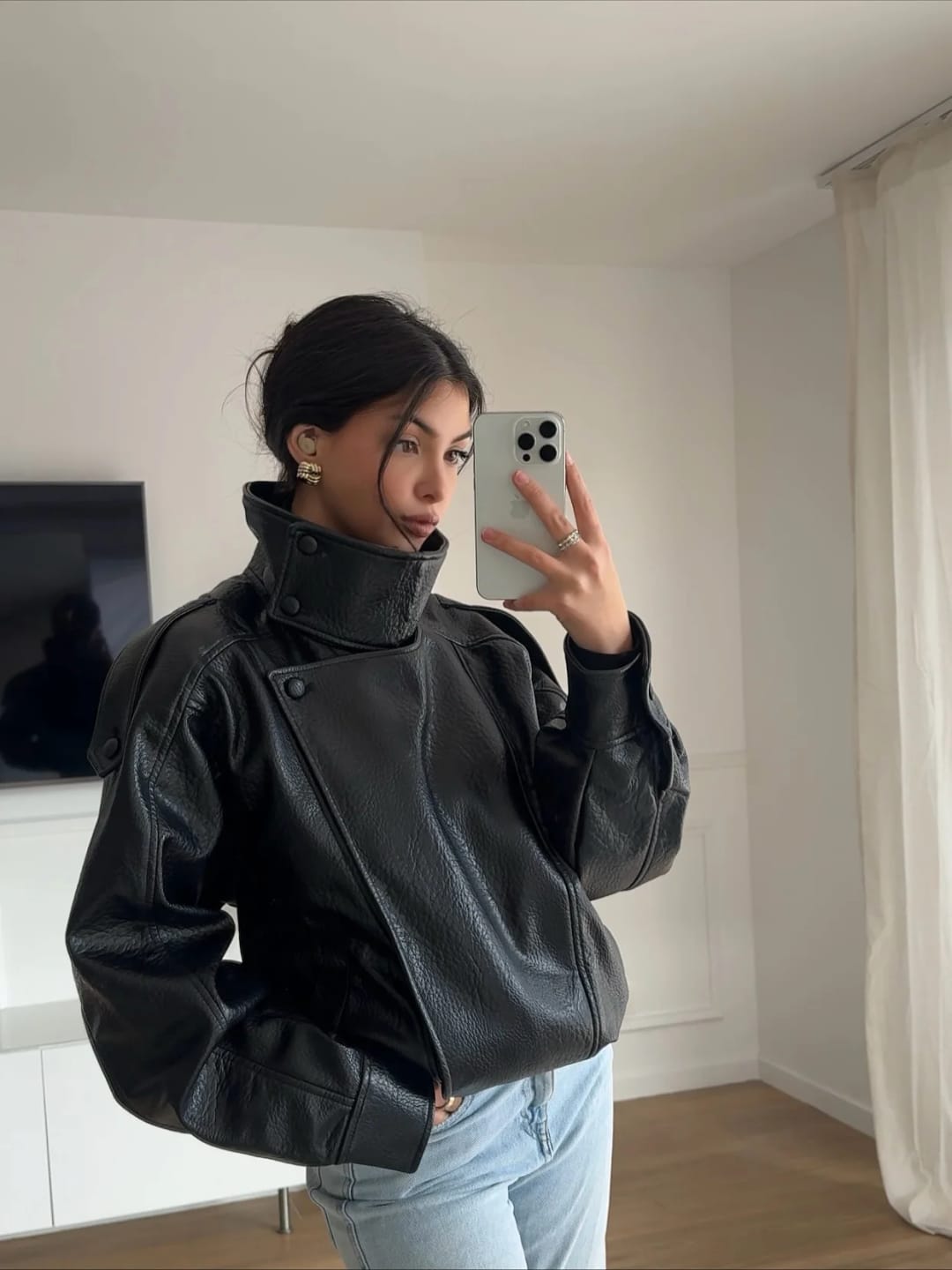 Customer photo review of Elena Asymmetric Button Pocket Jacket