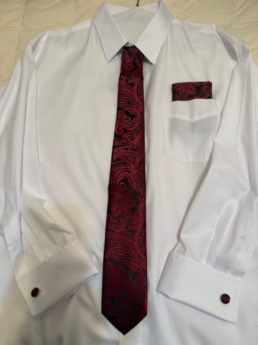 Customer photo review of Ties2you Neck Tie Wine Red Floral Silk Mens Dress Tie Pocket Square Cufflinks Set for Formal