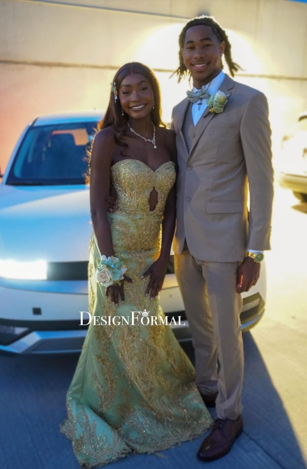 Customer photo review of Custom Strapless Gold Lace Overlay Jade Mermaid Prom Dress