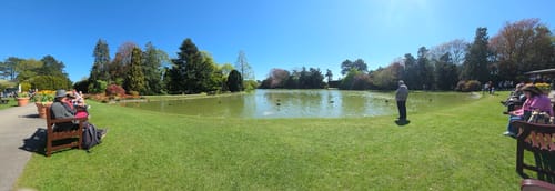 Reviewer's panoramic photo of a sunny park with people sitting by a large pond.