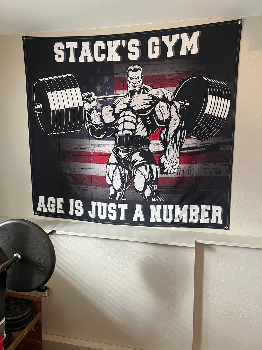 Customer photo review of Customizable American Gym Flag - Create Your Own Garage Gym Flags Weightlifting Flag 10289