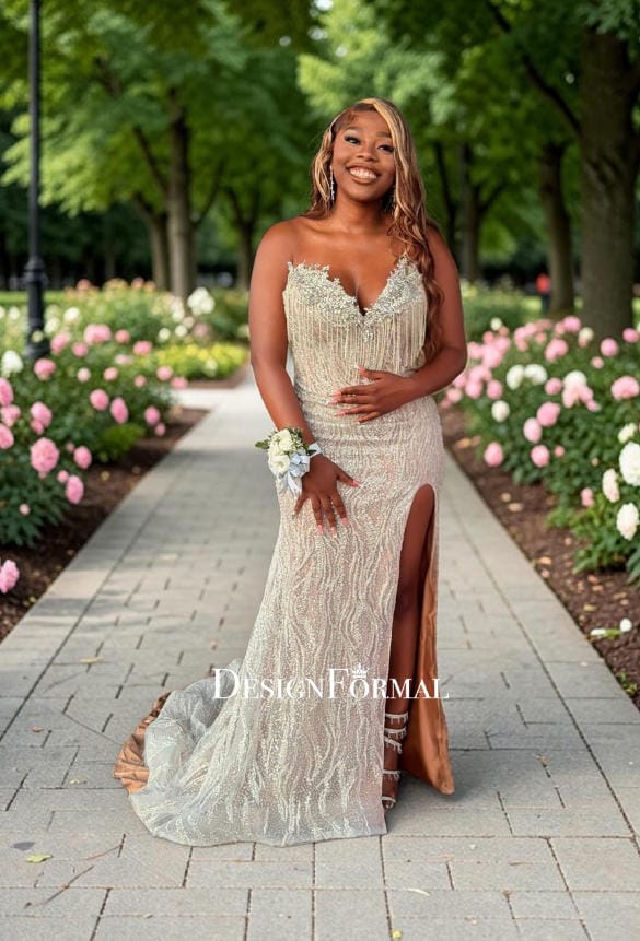 Customer photo review of Strapless Fringe V-neck See-through Slit Long Dress