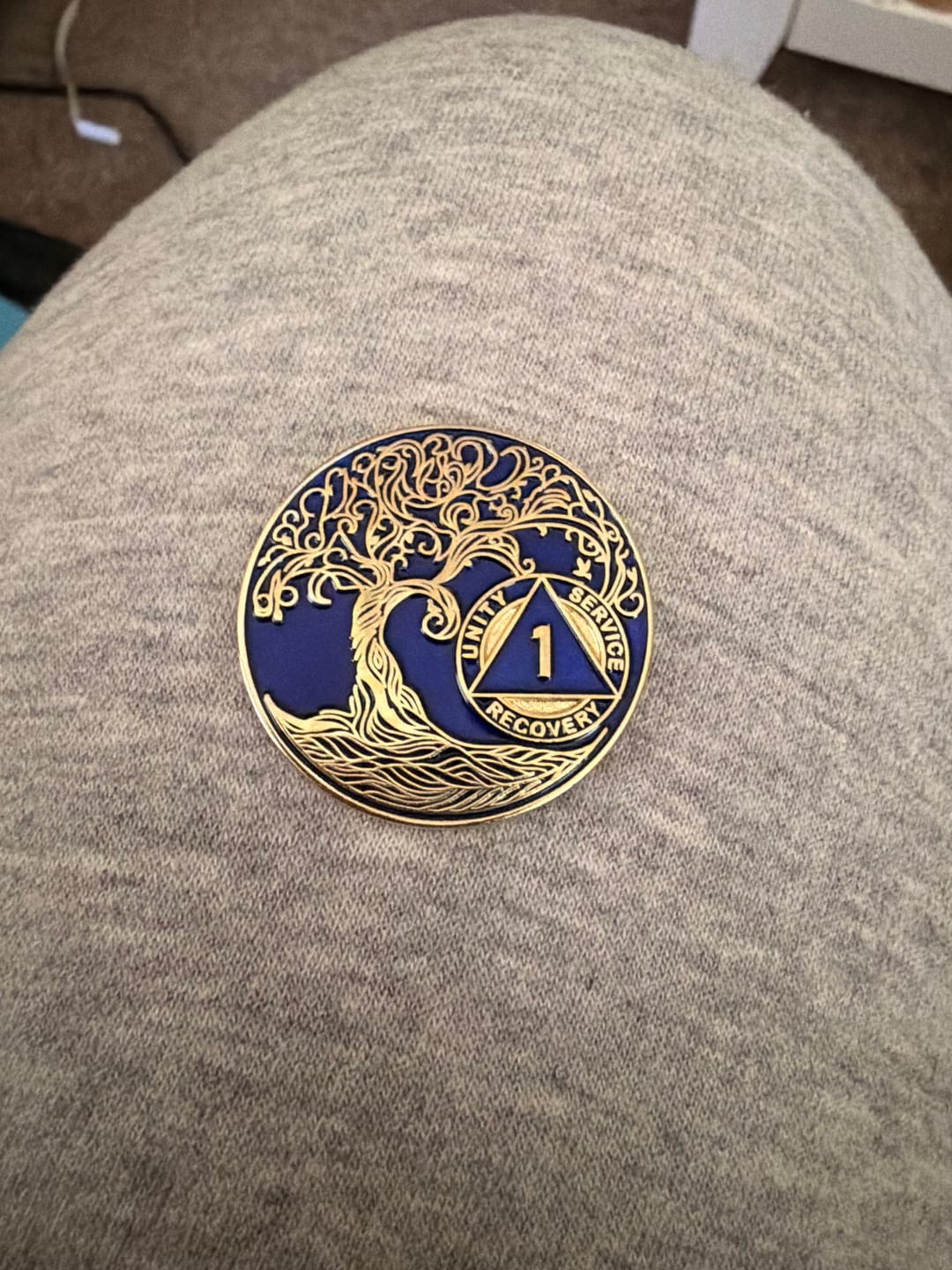 Customer photo review of 1 Year Sobriety Mint Twisted Tree of Life Gold Plated AA Recovery Medallion - One Year Chip/Coin - Blue