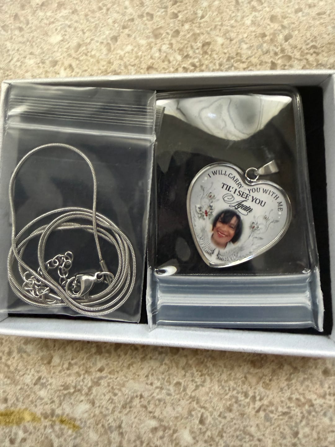 Customer photo review of Custom Photo Memorial Necklace/Keychain "I Will Carry You With Me” - N001