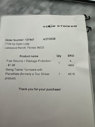 Reviewer's packing slip for the Swing Trainer, which lists 'Free Returns + Package Protection' as a purchased item.