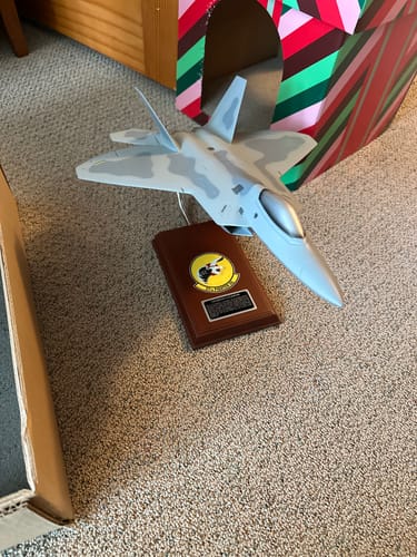 Reviewer's EXEC SER F-22 RAPTOR model with grey camouflage, displayed on its wooden base.