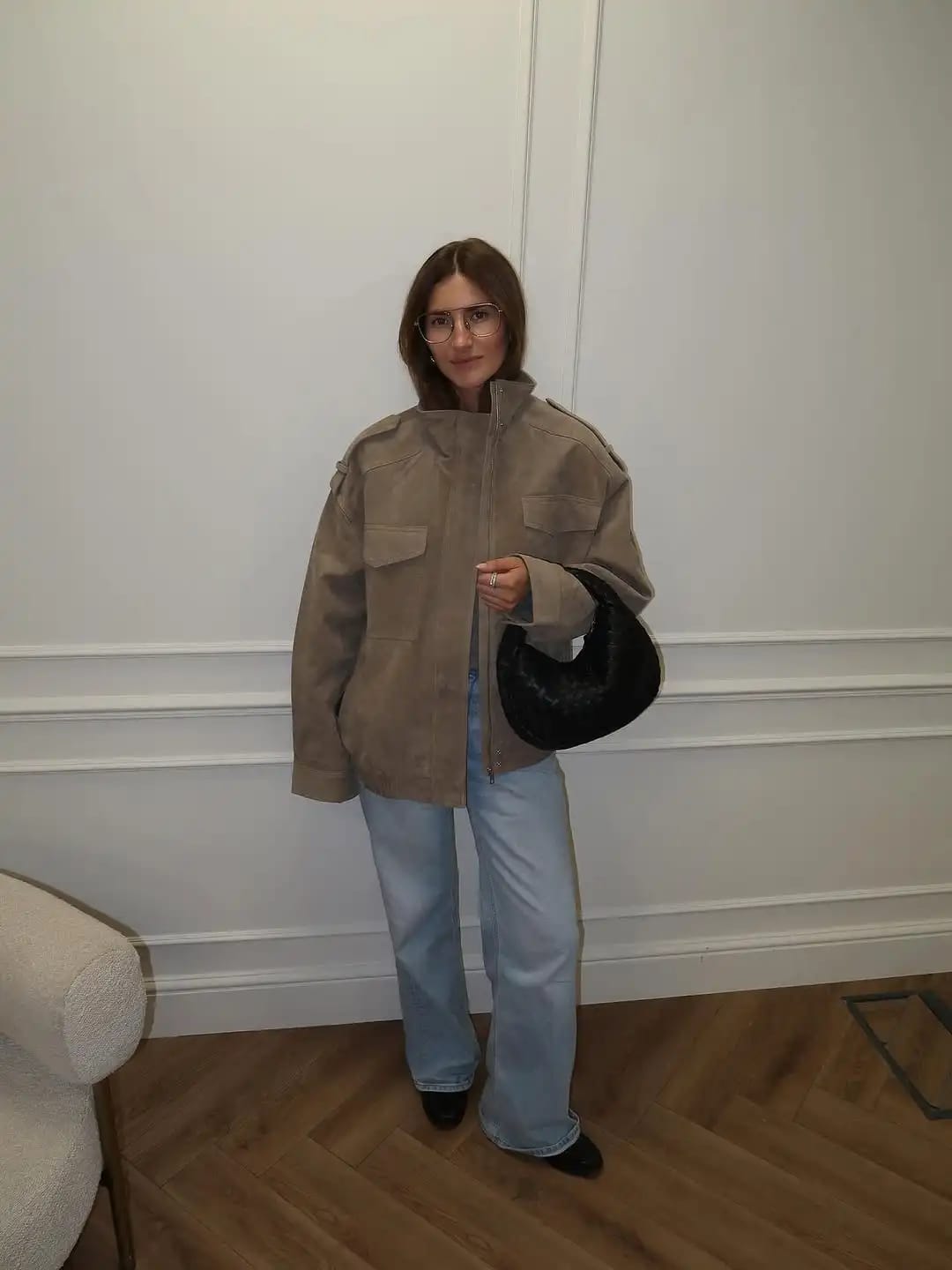 Customer photo review of Delphine High-Neck Suede Jacket