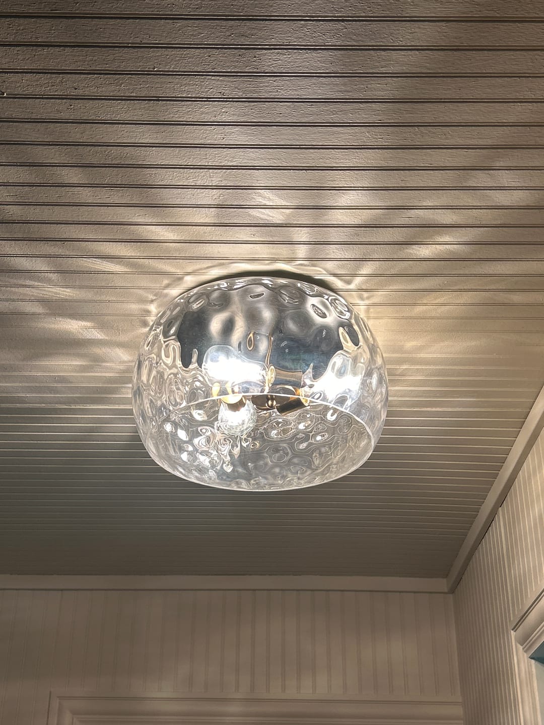Customer photo review of 3-Light Wide Bowl Hammered Glass Round Flush Mount