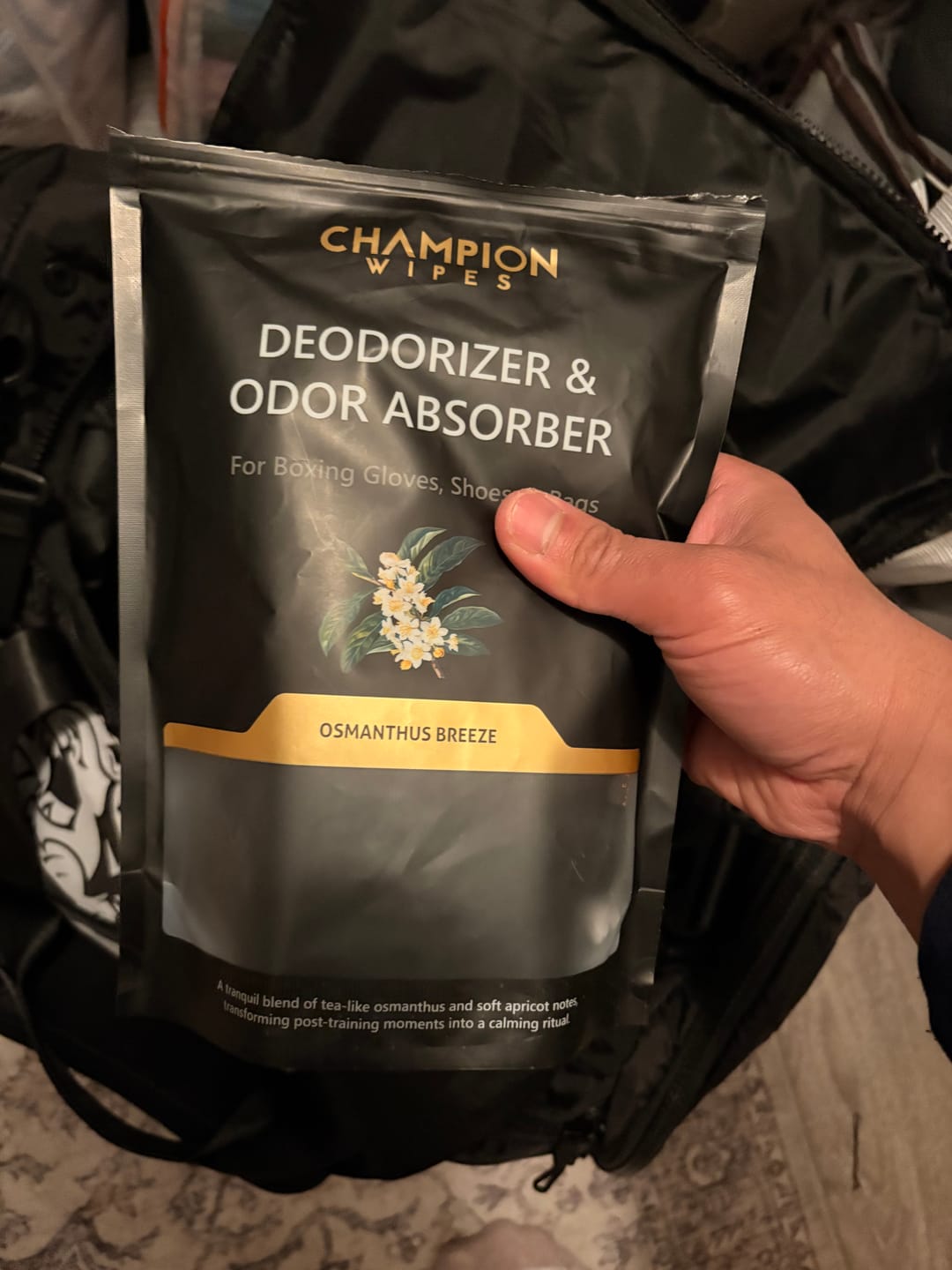 Customer photo review of CHAMPION WIPES – GLOVE, BAG, AND SHOE DEODORIZER & ODOR ABSORBER