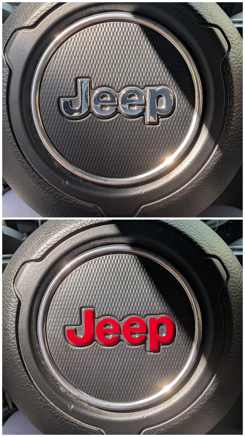 Customer photo review of JEEP Steering Wheel Emblem Overlay Decal — 30+ Colors & Designs (Flag, Topo, Animal, Solid)