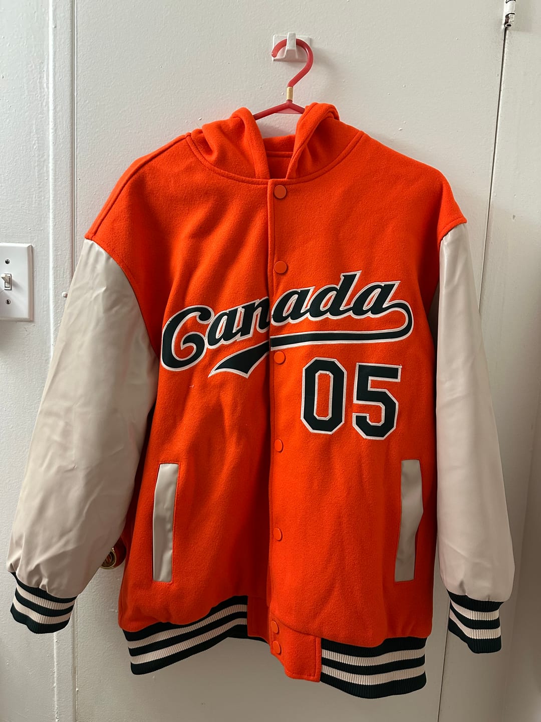 Customer photo review of Custom Orange Green-Cream Bomber Full-Snap Varsity Letterman Two Tone Hoodie Jacket