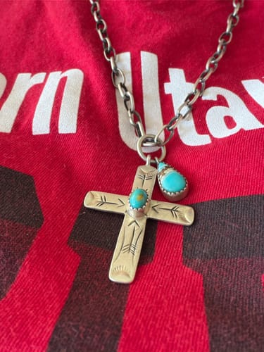 Customer photo review of Handmade Golden Hills Turquoise Tear Drop & Etched Sterling Silver Cross Pendant