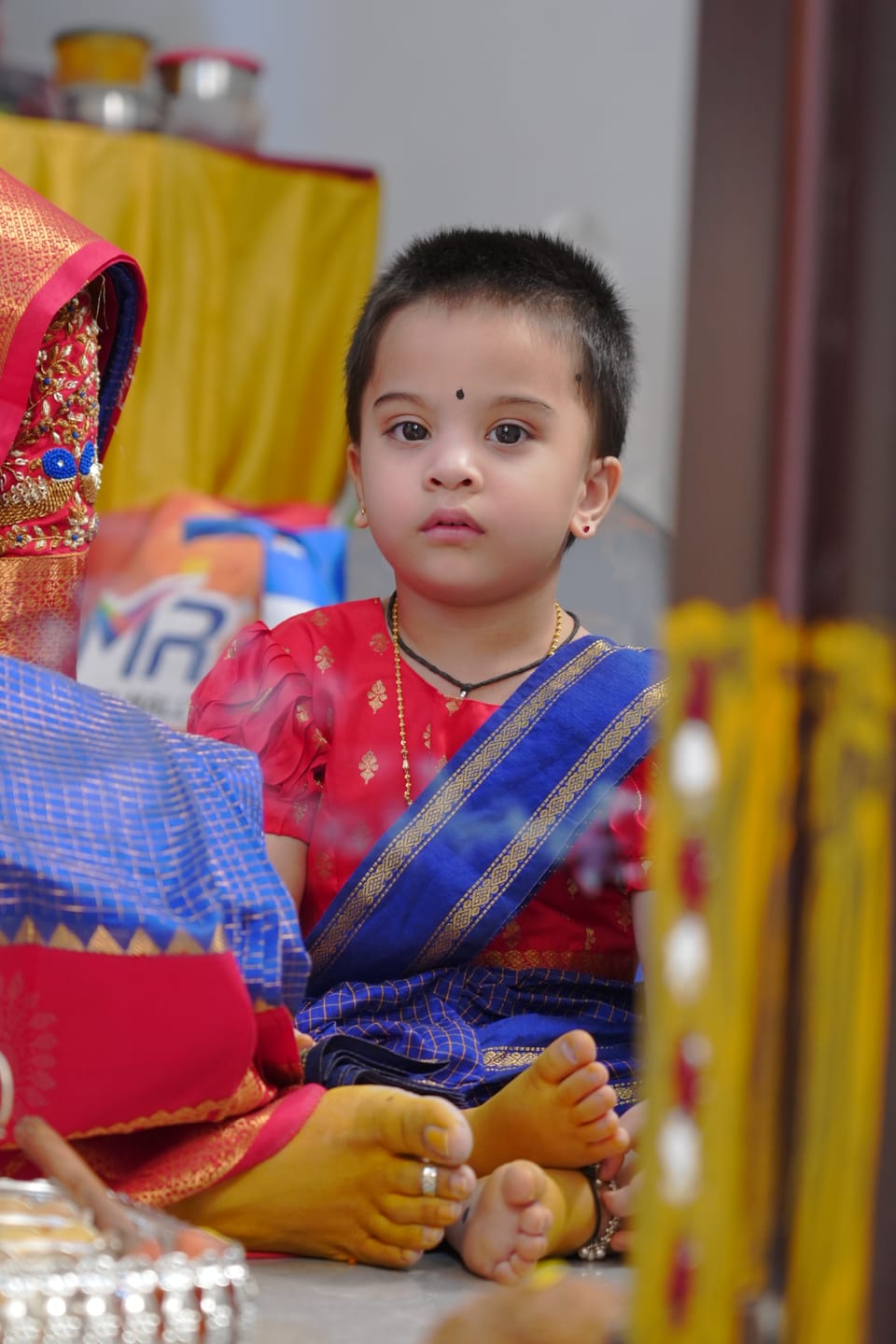 Customer photo review of Checked blue and red - Ready to wear saree for kids Ethnic wear for baby girl