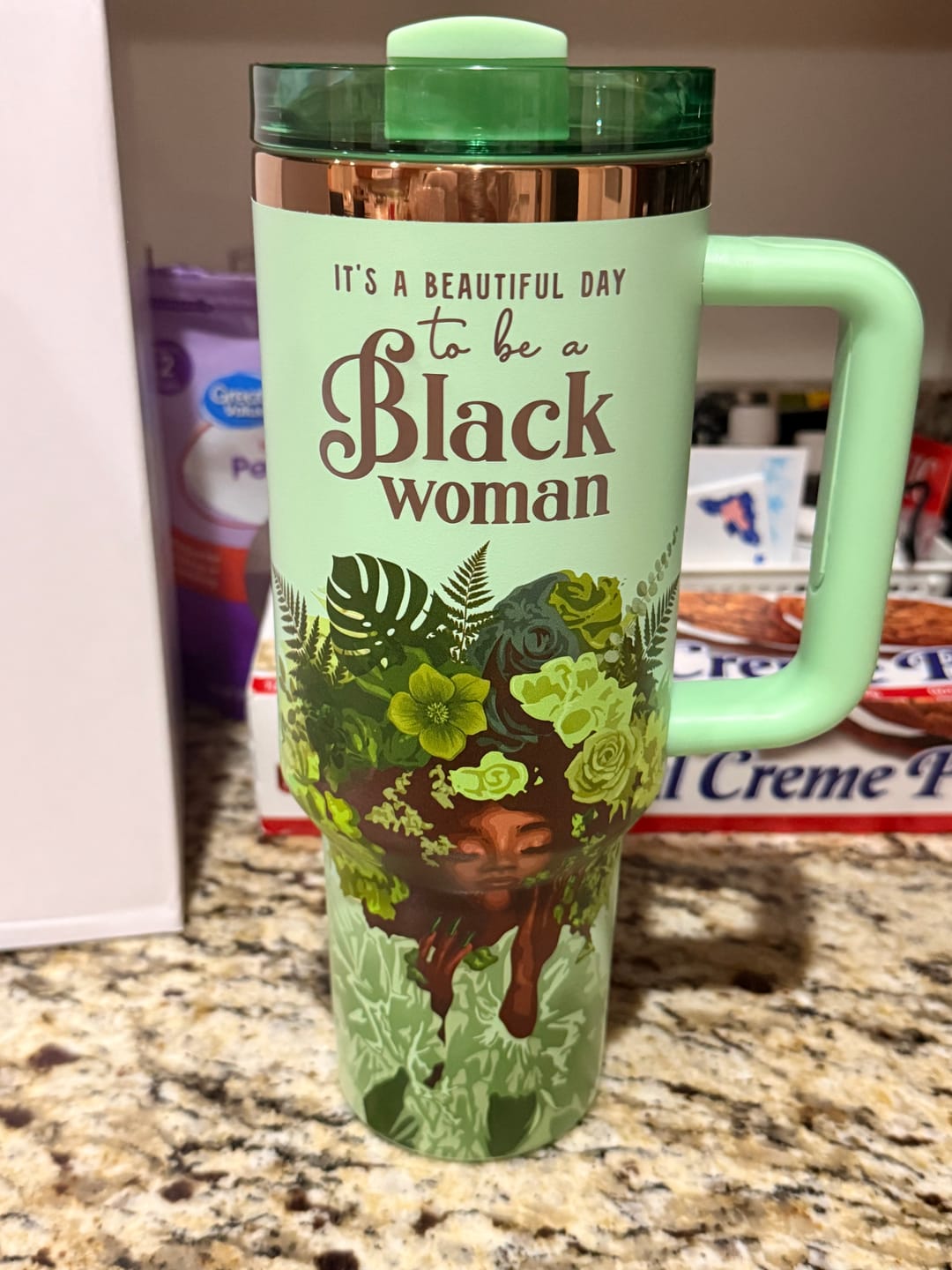 Customer photo review of Pistachio "Royalty Blossomed" FlowSip™ Insulated Tumbler – It's a Beautiful Day to Be a Black Woman