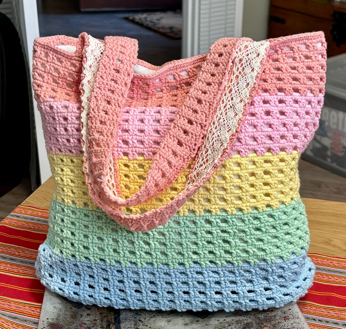 Customer photo review of CrochetPark™ Rainbow Waffle Tote crochet kit