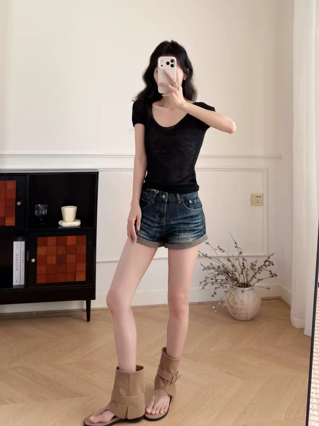 Customer photo review of IAMXIAA Sheer Knit Scoop Neck Fitted Tee
