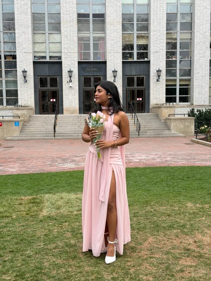Customer photo review of Strapless Pink Ruched A-line Long Dress with Slit