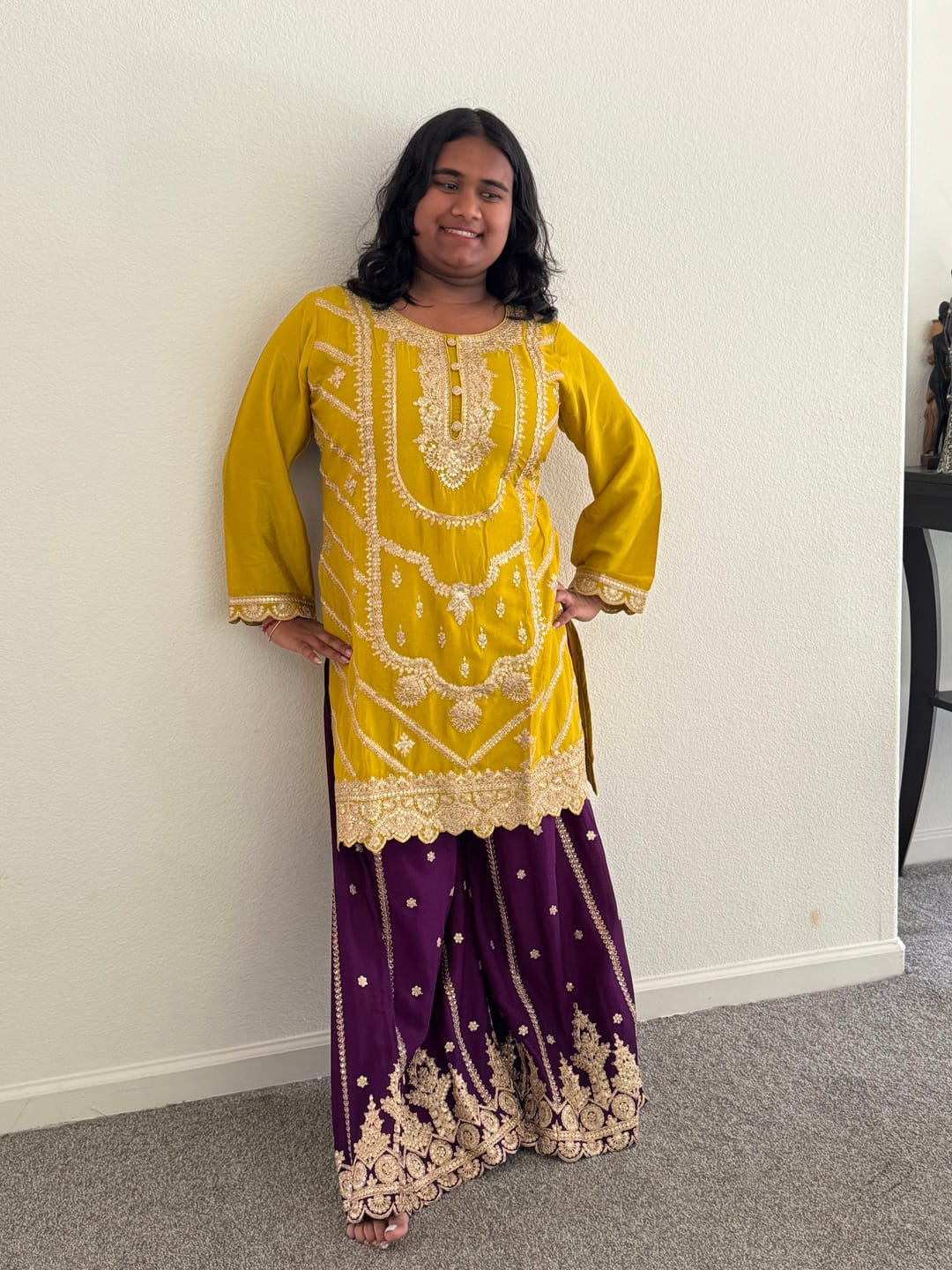 Customer photo review of Mustard Yellow And Deep Purple Silk Salwar Suit