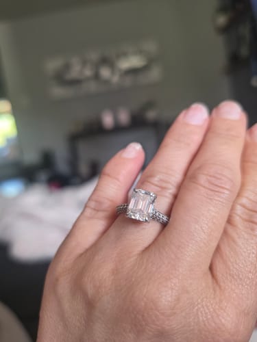Customer photo review of Hidden Halo Emerald-Cut Moissanite Pave Engagement Ring