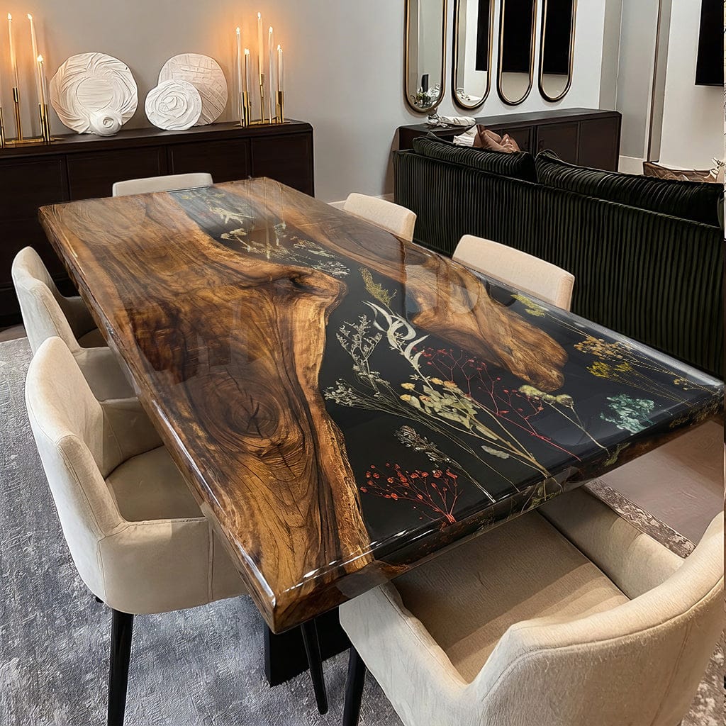 Customer photo review of Artistic Custom Black Walnut Floral Epoxy Resin River Bar & Dining Table - V08