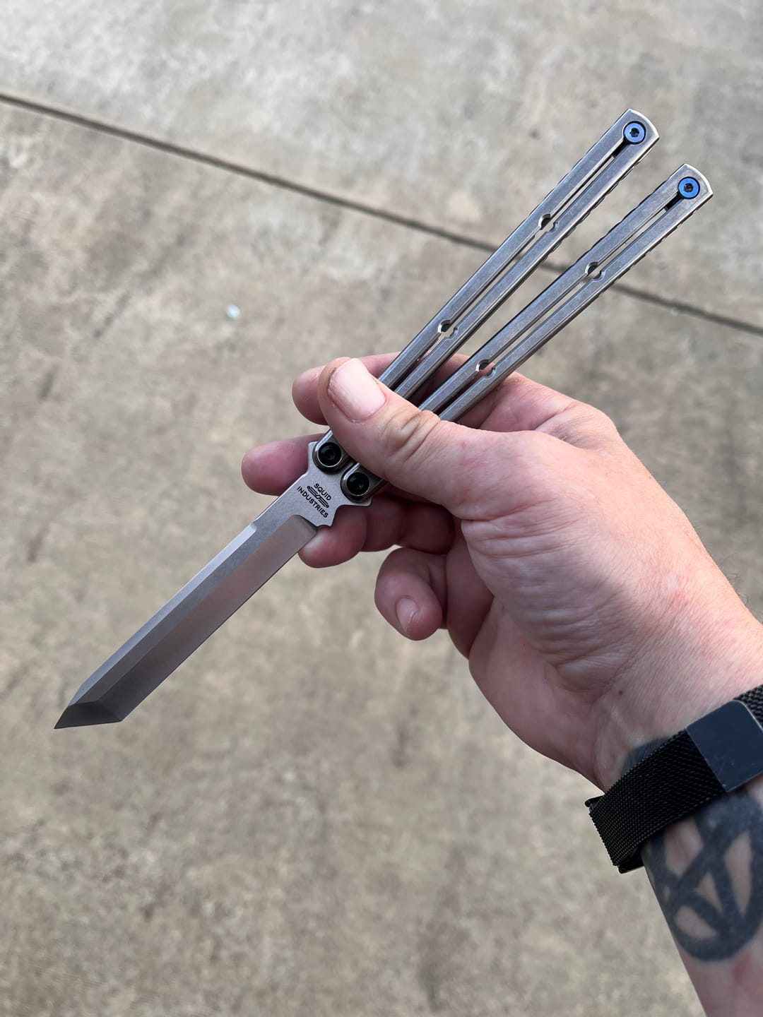 Customer photo review of Blue River Sandwich Titanium Kraken Balisong TC4 Titanium Alloy Handle Fake Blade Bushing