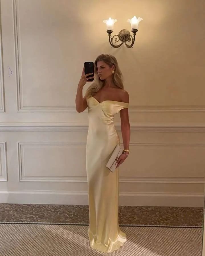 Customer photo review of Delia Satin Off the Shoulder Maxi Dress