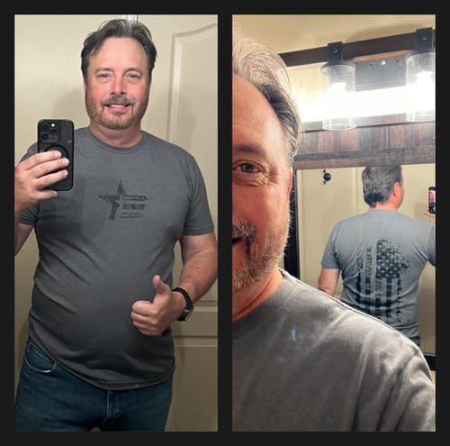 Reviewer in a grey United We Stand Tee, showing the front graphic and the back's flag design in a mirror.