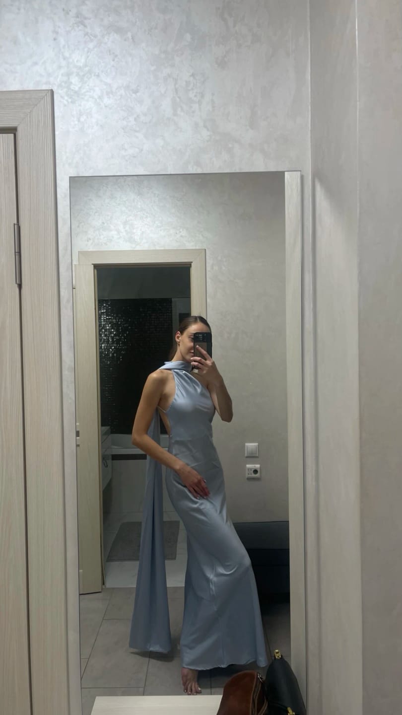 Customer photo review of Tirzah Satin Halter Cape Dress