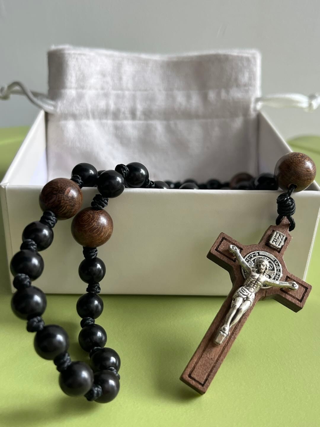 Customer photo review of SolaceBeads Black Sacred Ebony Beads with St. Benedict Centerpiece Rosary