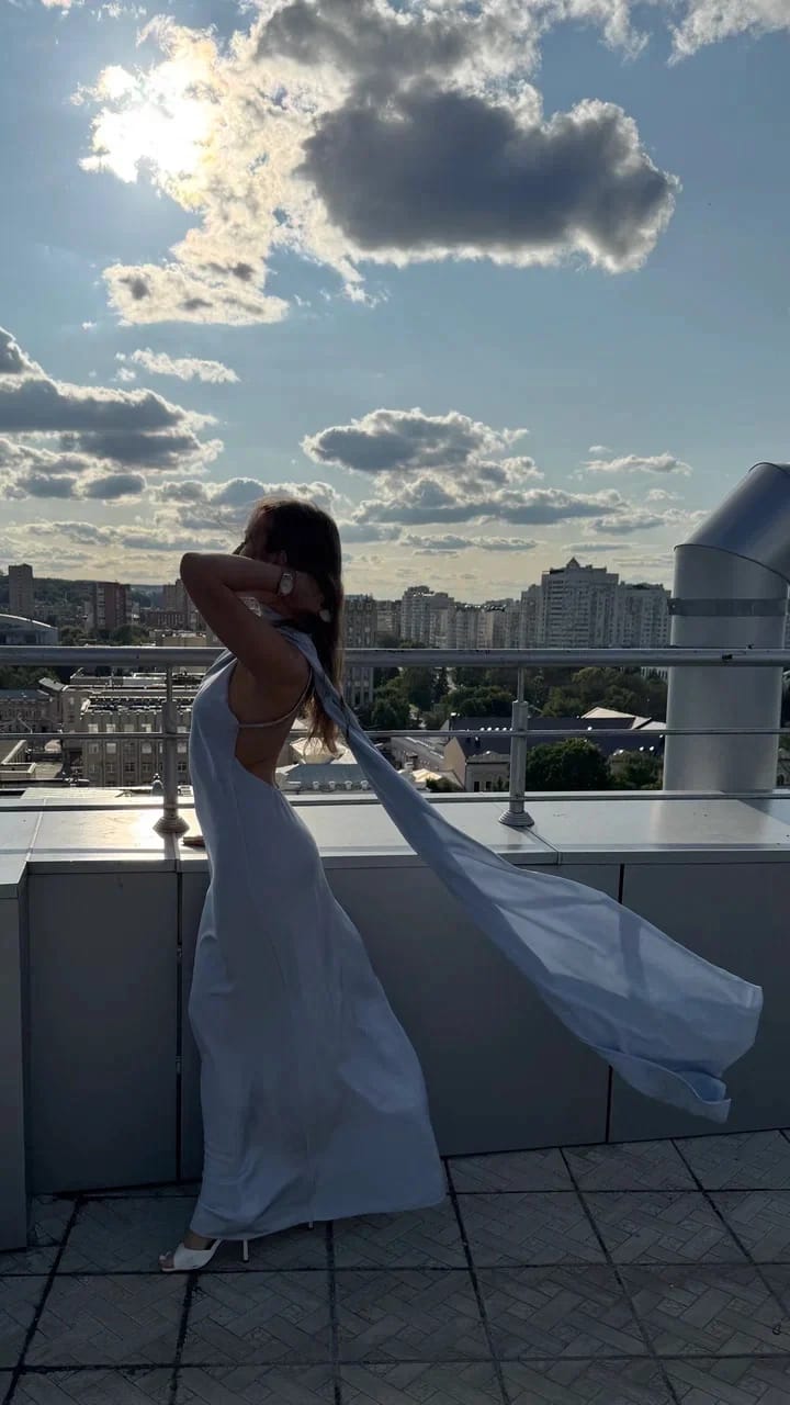 Customer photo review of Tirzah Satin Halter Cape Dress