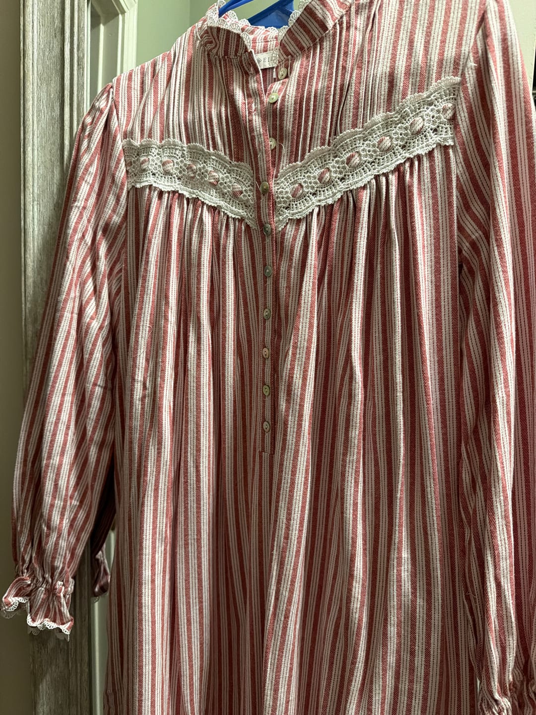 Customer photo review of Hearth Stripe Cotton Flannel High Neck Long Sleeve Ballet Nightgown