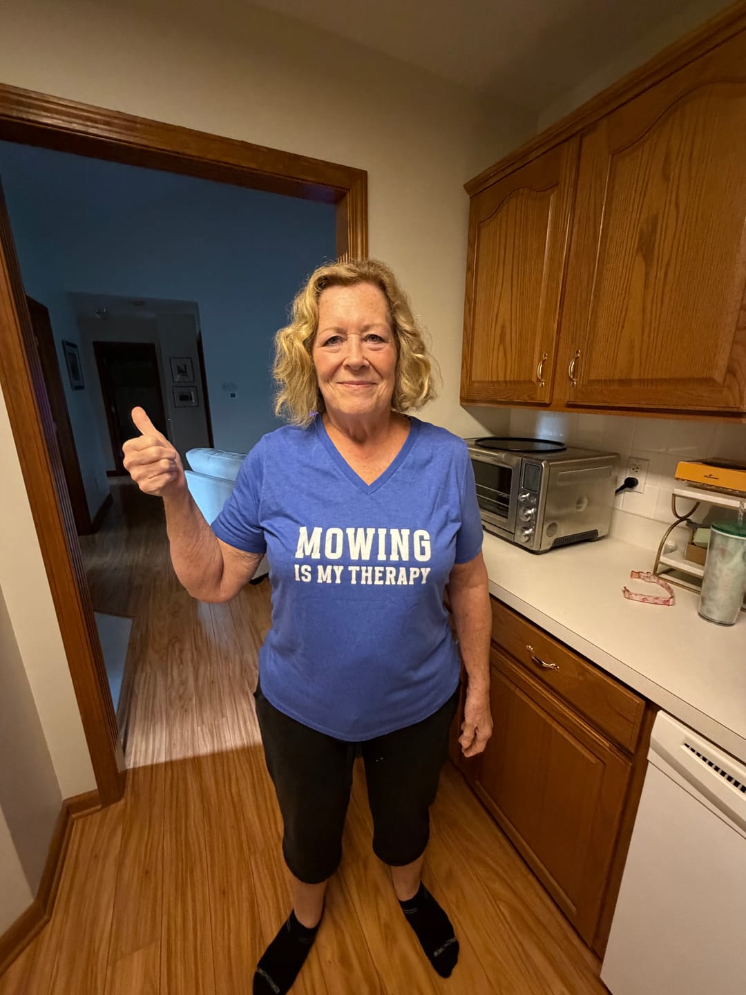 Customer photo review of Mowing Is My Therapy V-Neck T-Shirt