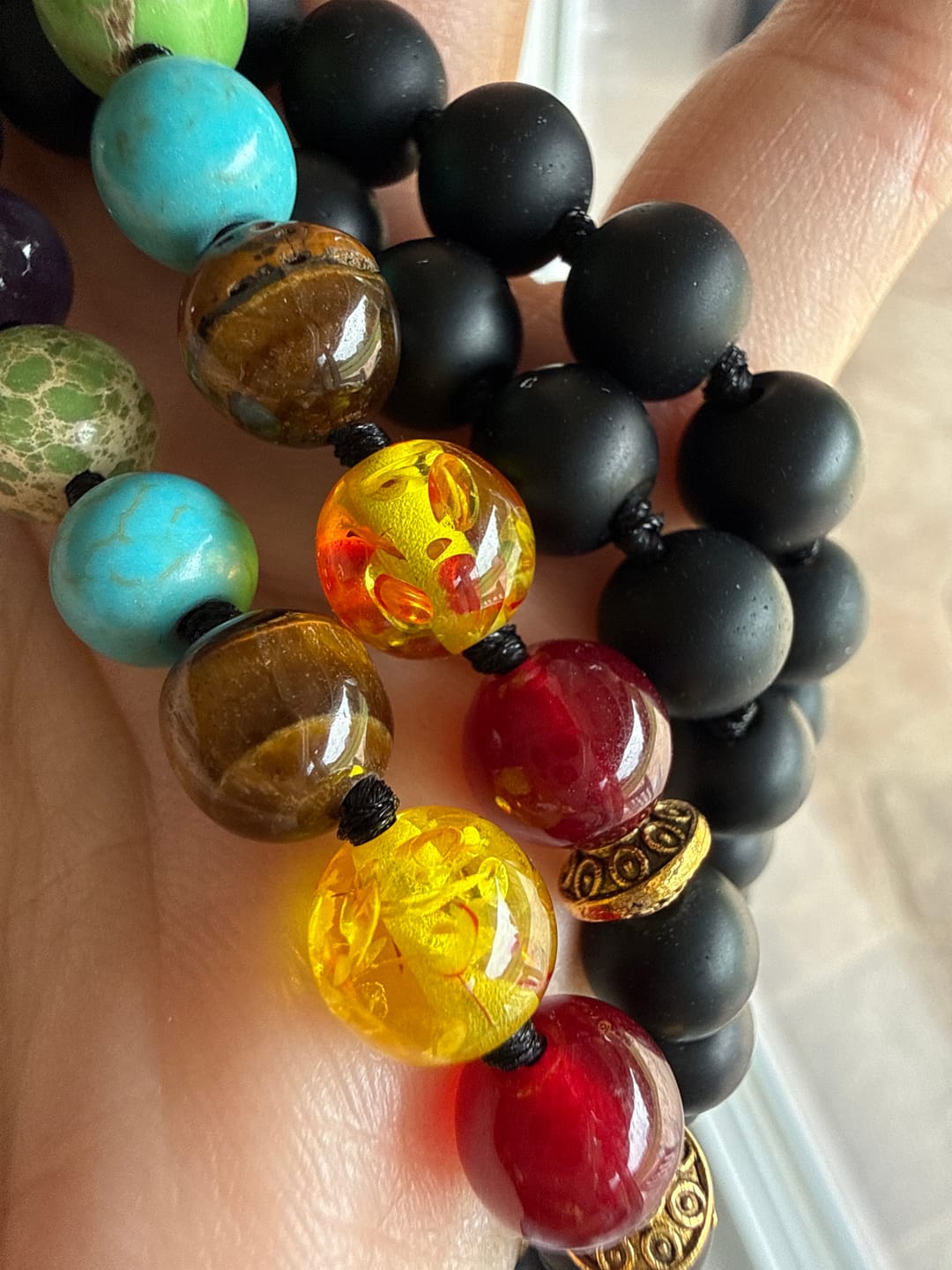 Customer photo review of 108 Natural Black Onyx & 7 Chakra Mala Bead Necklace