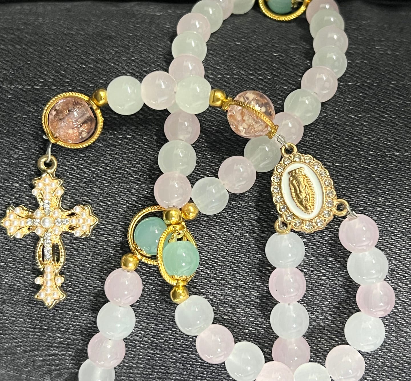 Customer photo review of SolaceBeads Artistic Pink & White Beaded Rosary: A Fusion of Colors & Sacred Symbols
