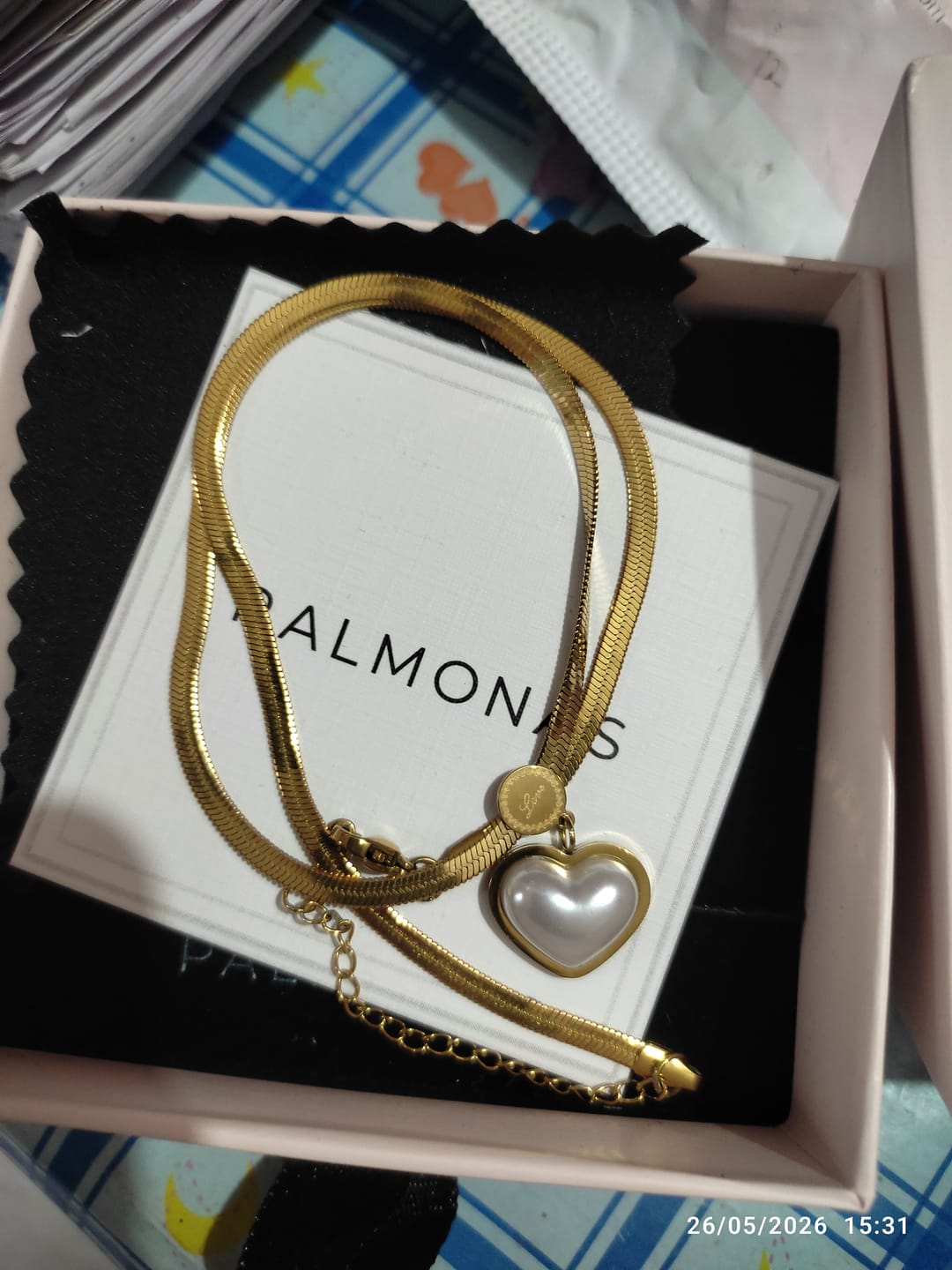 Customer photo review of Golden Framed Pearl Heart Necklace