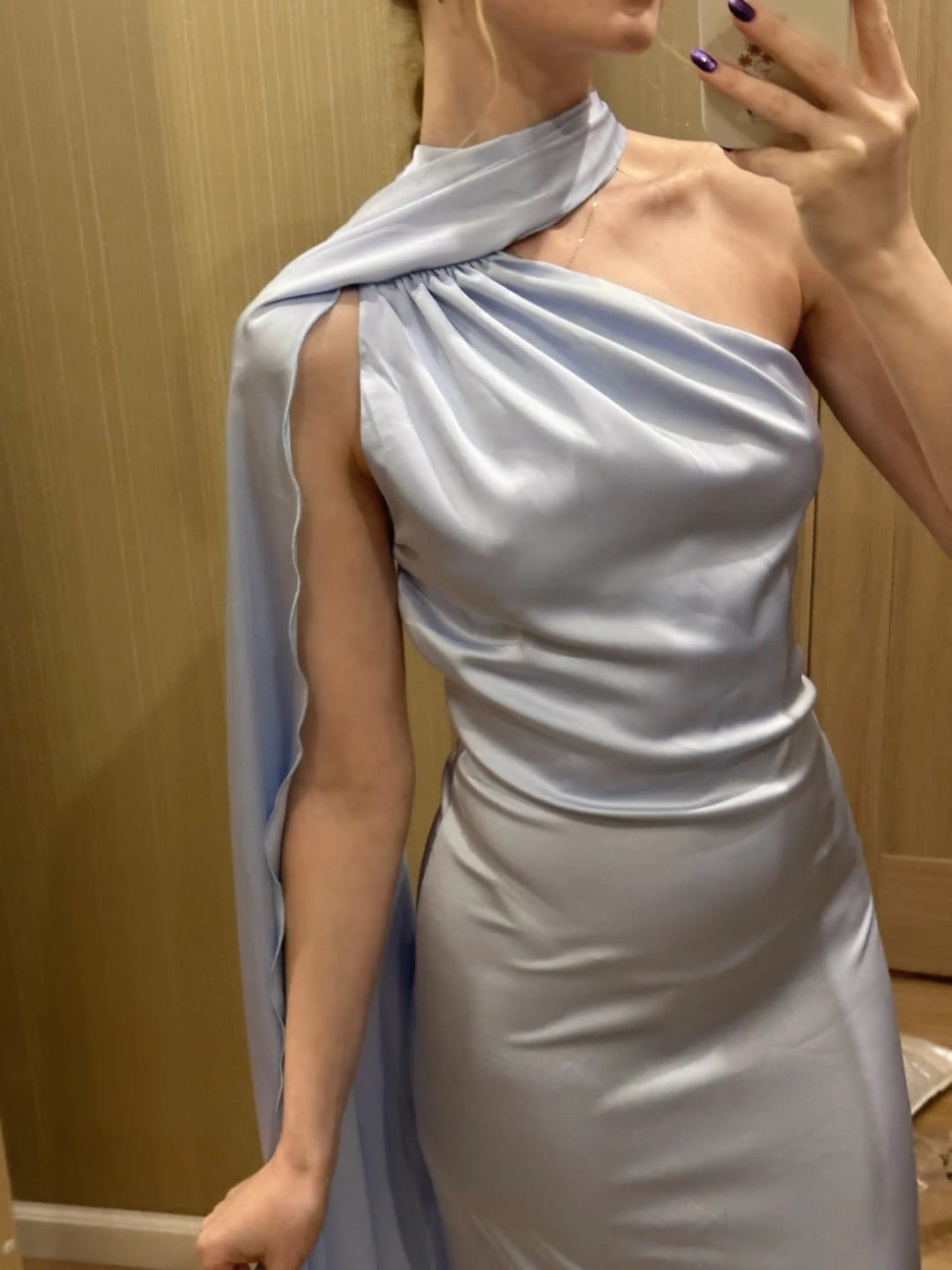 Customer photo review of Tirzah Satin Halter Cape Dress