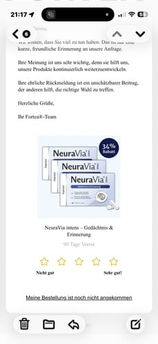 Kunde zeigt einen Screenshot der Bewertungsanfrage für NeuraVia intens.
