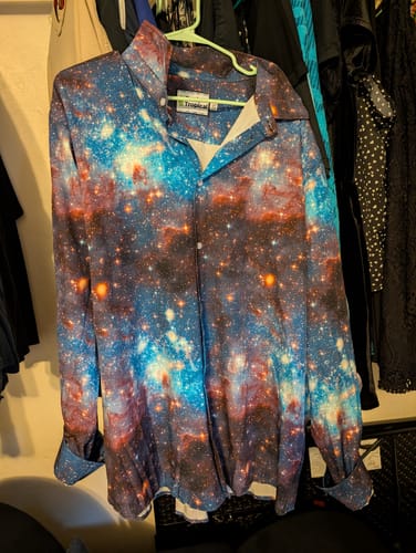 Customer photo review of Blue Brown Galaxy Space Long Sleeve Button Up Shirt