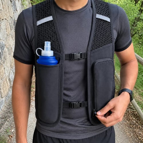 Cliente indossa il RunVest nero, mostrando le tasche con una borraccia e una mano sulla cerniera.