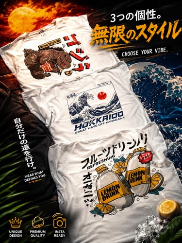A customer's promotional image of three graphic tees, with the Hokkaido Wave T-Shirt featured in the center.