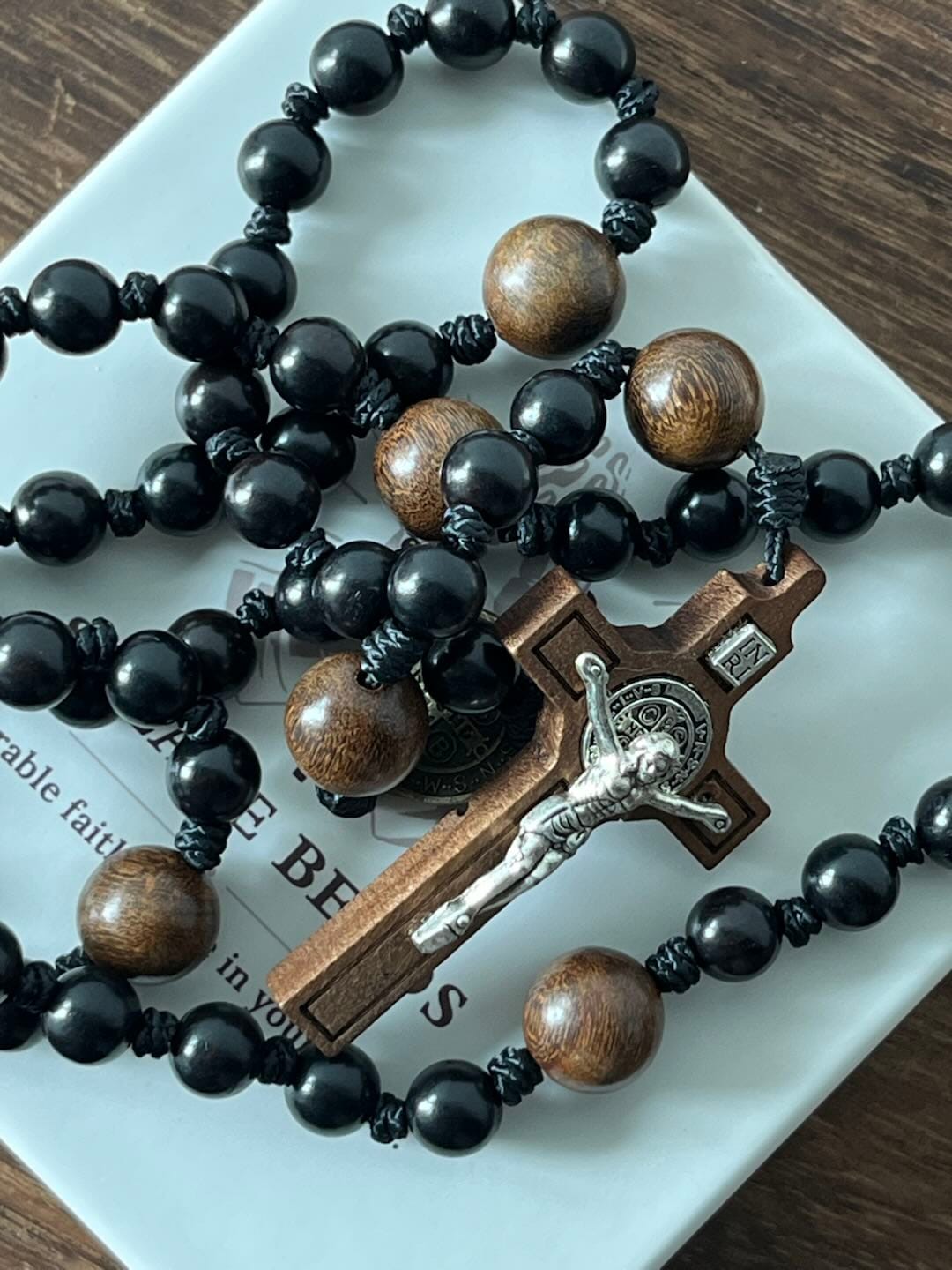 Customer photo review of SolaceBeads Black Sacred Ebony Beads with St. Benedict Centerpiece Rosary