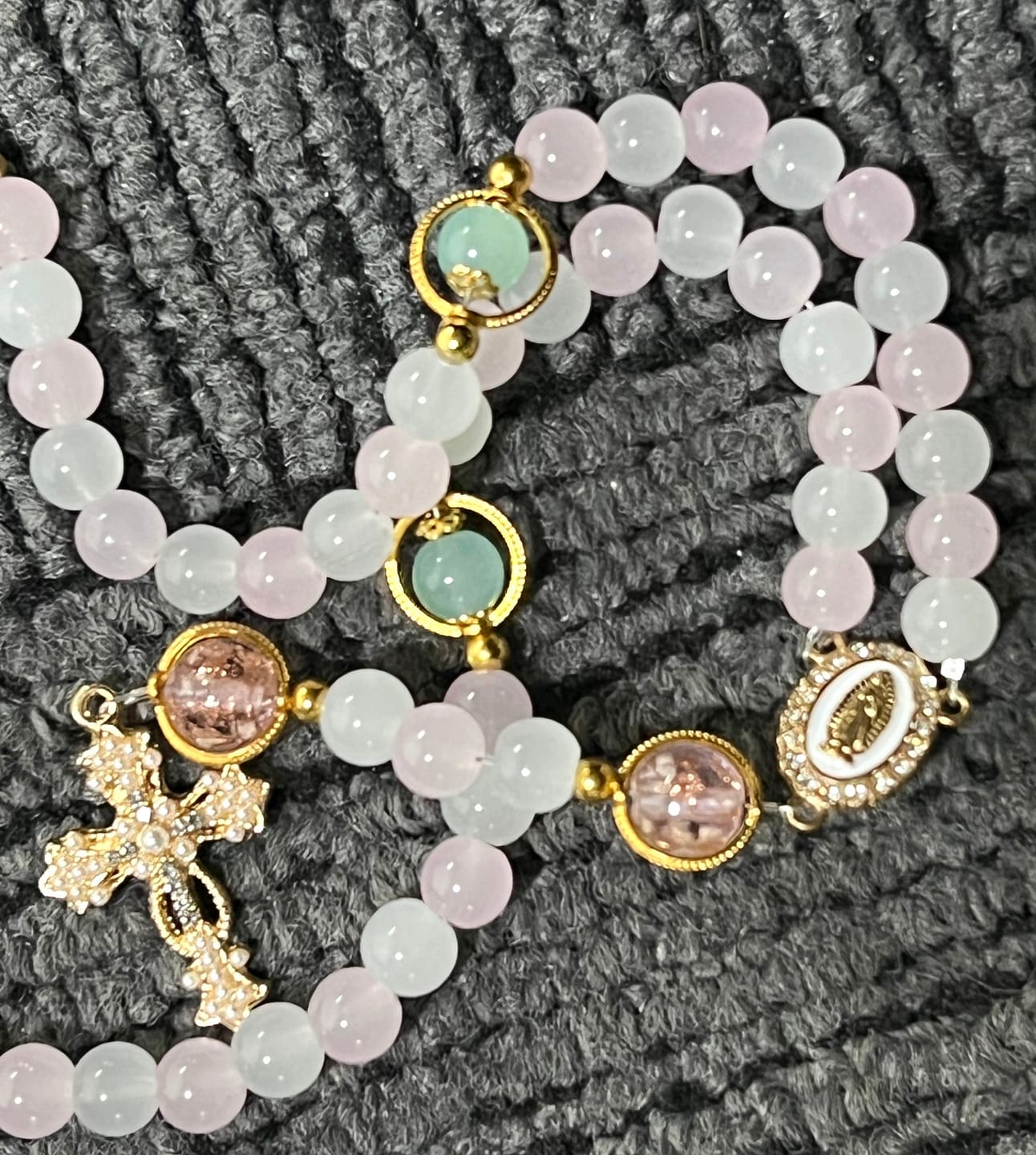 Customer photo review of SolaceBeads Artistic Pink & White Beaded Rosary: A Fusion of Colors & Sacred Symbols