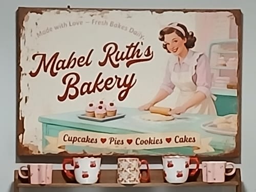 Customer's personalized vintage bakery sign reading 'Mabel Ruth's Bakery', hung on a wall over a shelf with mugs.
