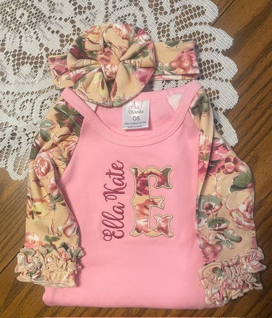 Customer photo review of Pink Floral Baby Gown Headband Set with Hidden Zipper (Swatch Included)