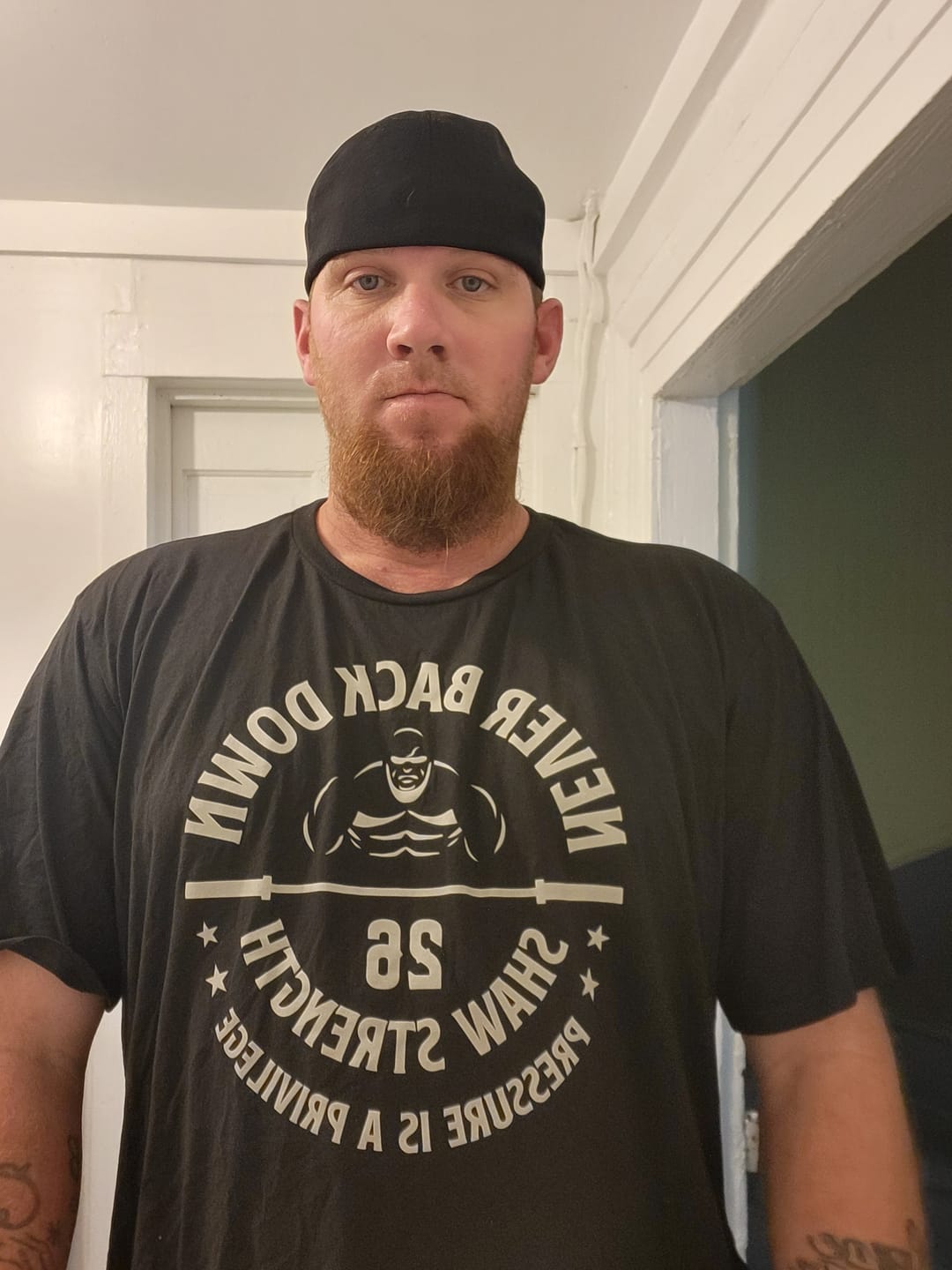 Customer photo review of Shaw Strength Never Back Down T-Shirt