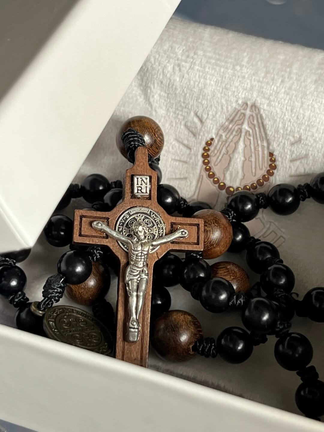 Customer photo review of SolaceBeads Black Sacred Ebony Beads with St. Benedict Centerpiece Rosary