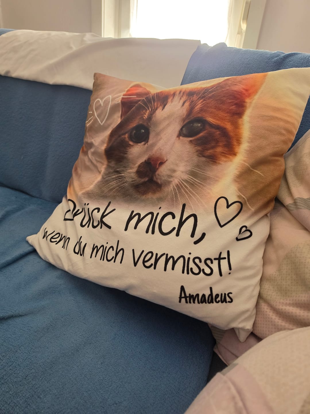 Customer photo review of Personalisiertes Kissen - Drück mich, wenn du mich vermisst