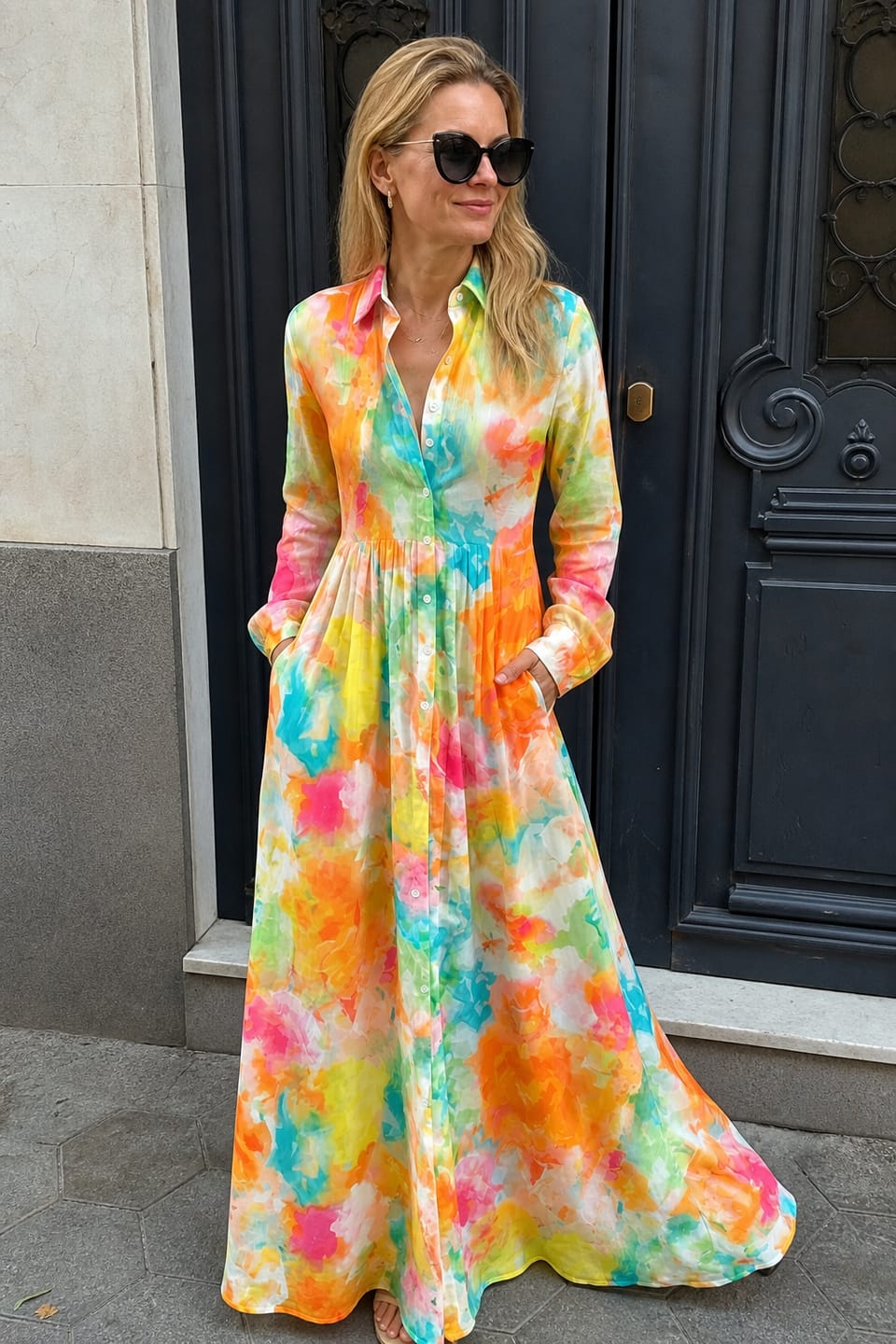 Customer photo review of A-Line Long Sleeves Buttoned Contrast Color Pleated Pockets Printed Lapel Maxi Dresses Shirt Dress