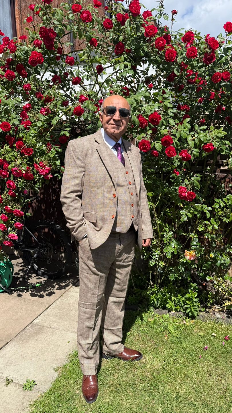 Customer photo review of Light Brown Prince of Wales Tweed 3 Piece Suit